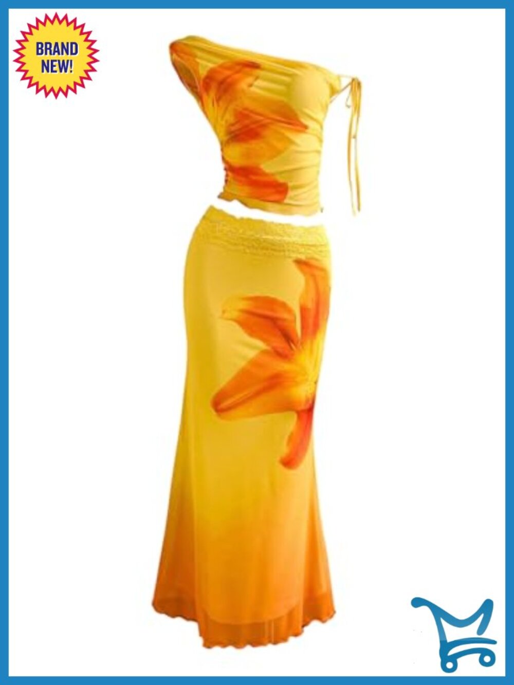 Floral Mesh Ruched One Shoulder Crop Tank Top Bodycon Maxi Skirt Set 2 Piece